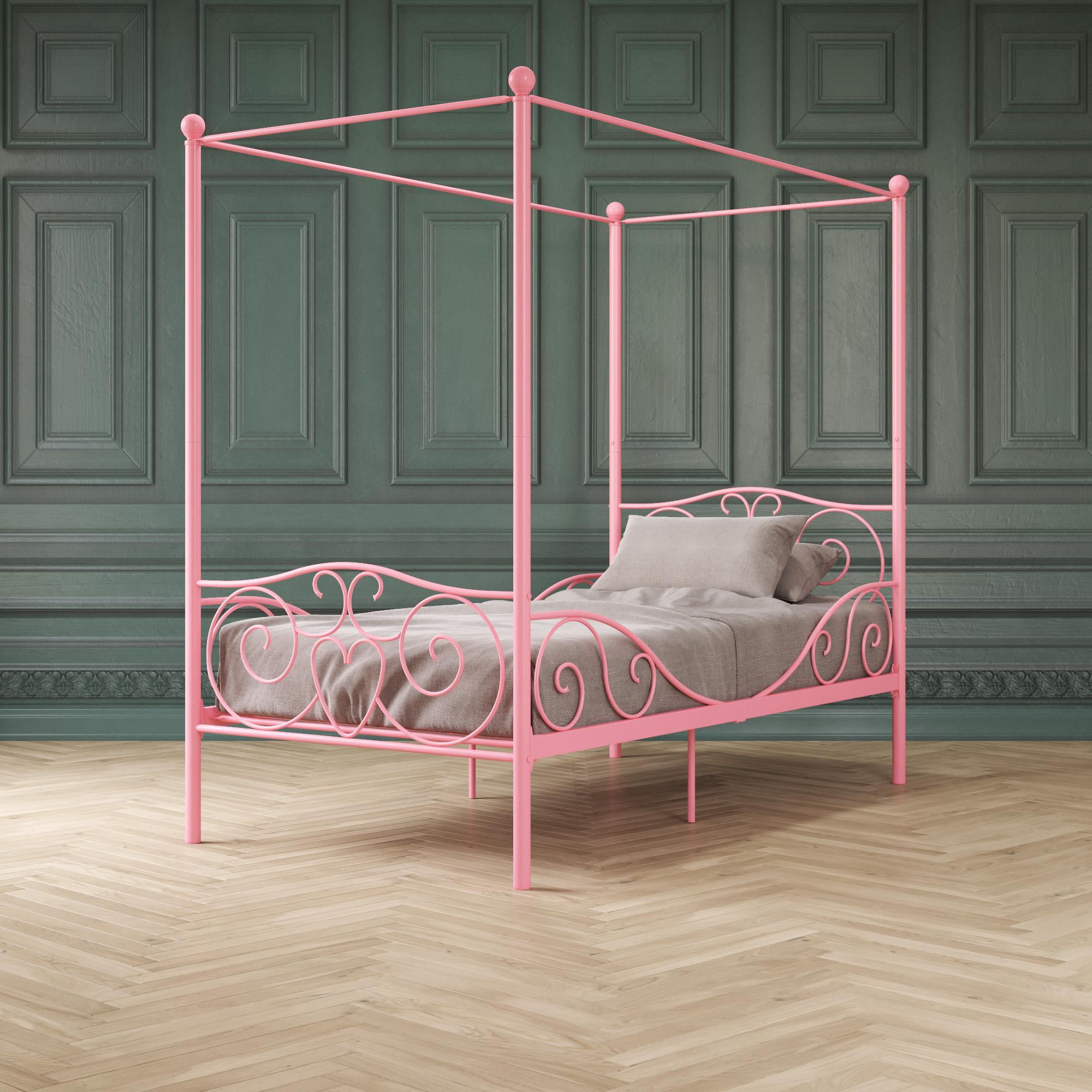 Elm & Oak Metal Canopy Kids Poster Bed, Twin, Pink