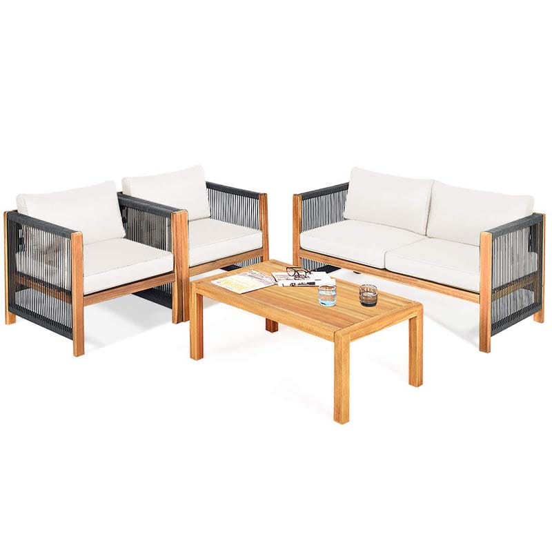 4 Pcs Acacia Wood Outdoor Loveseat Sofa Set with 2 Single Chairs & Coffee Table, Cushions