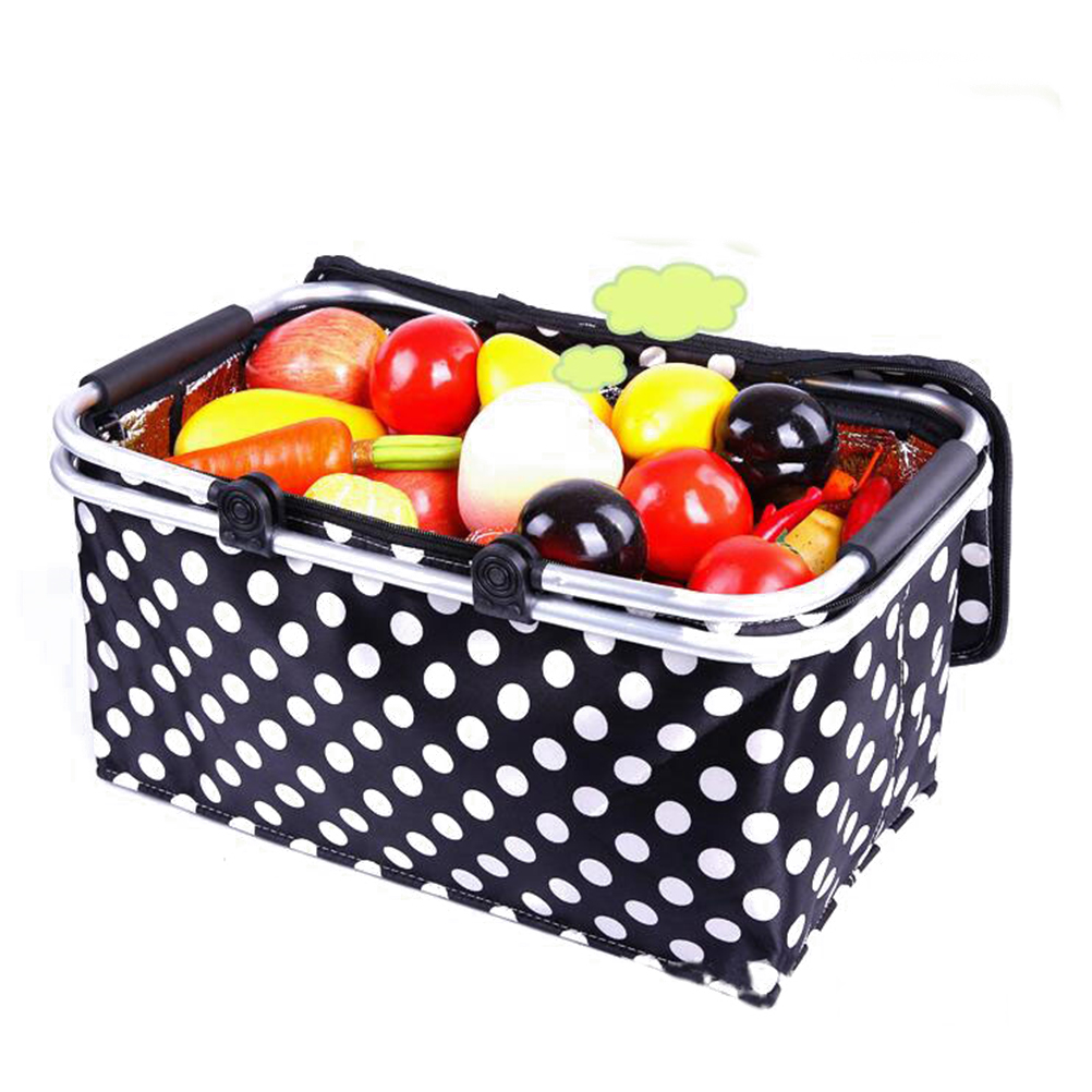 FRCOLOR Polka Dot Collapsible Picnic Basket Insulated Picnic Basket Takeaway Box 46x28x23cm