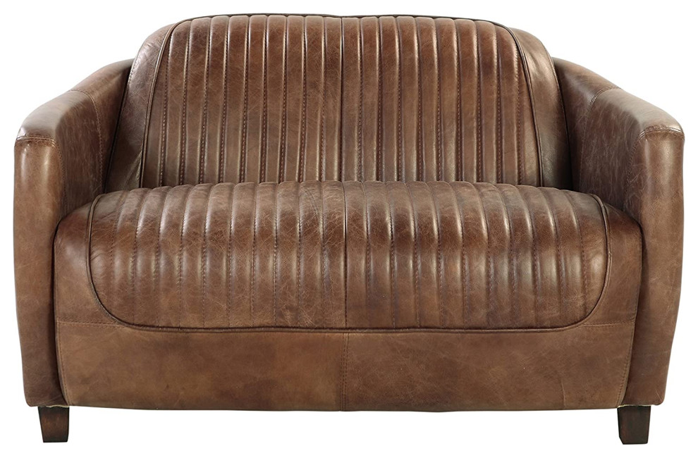 Retro Loveseat  Tufted Grain Leather Seat With Aluminum Exterior Accent  Brown   Industrial   Loveseats   by Decor Love  Houzz