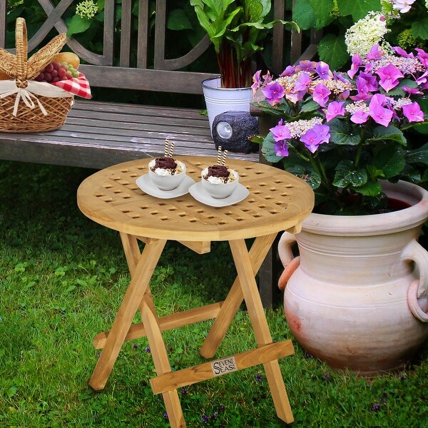 Seven Seas Teak Round Outdoor Teak Wood Folding Picnic Table with Carry Handle