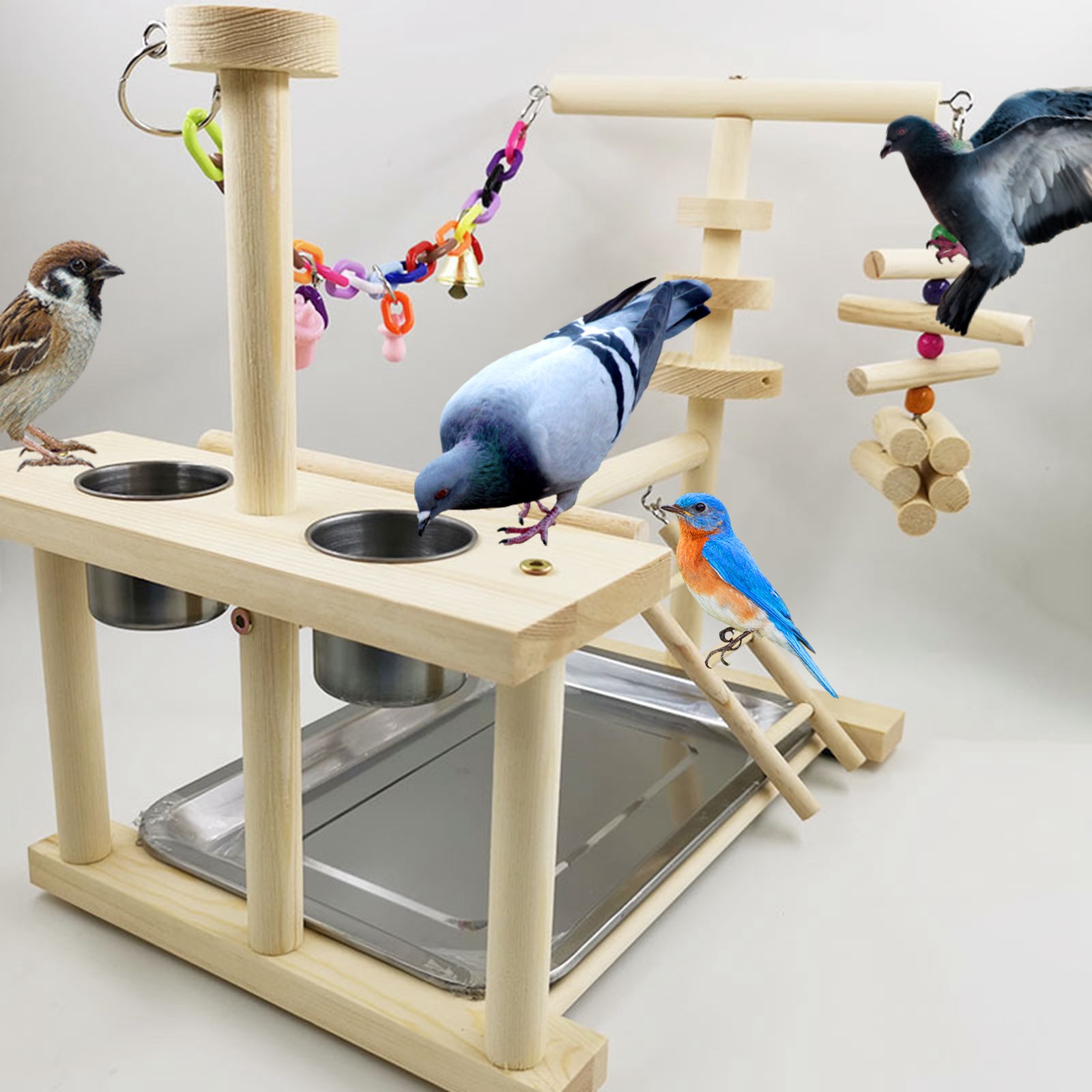 Wooden Parrot Playstand Perch Gym with Feeder Cups Cockatiel Bird Play Stand