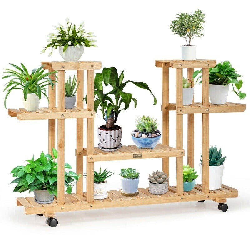 4 Tier Wood Plant Stand Rolling Flower Rack with 4 Wheels