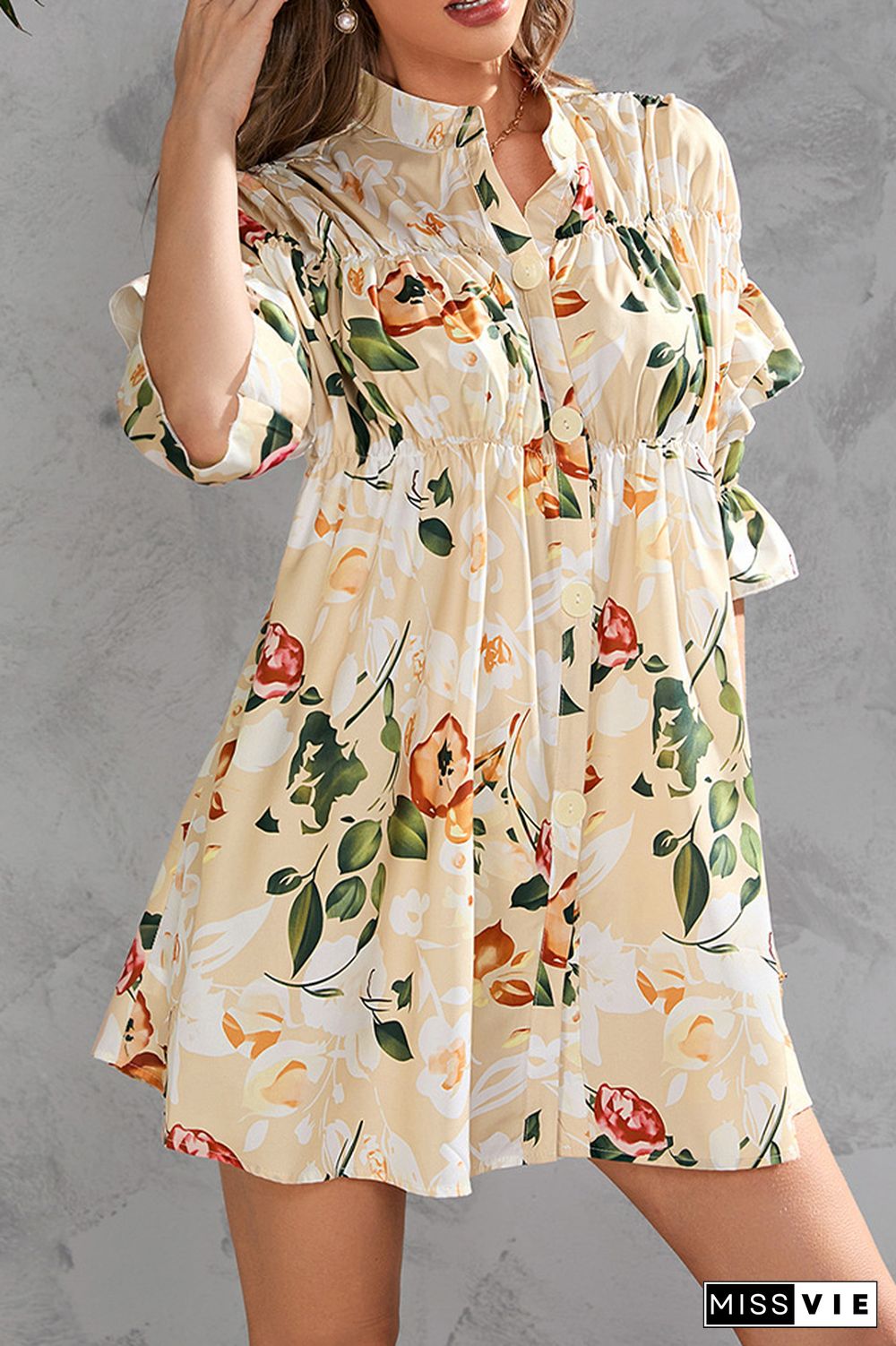 Half Sleeves Floral Button Up SHirt Dress