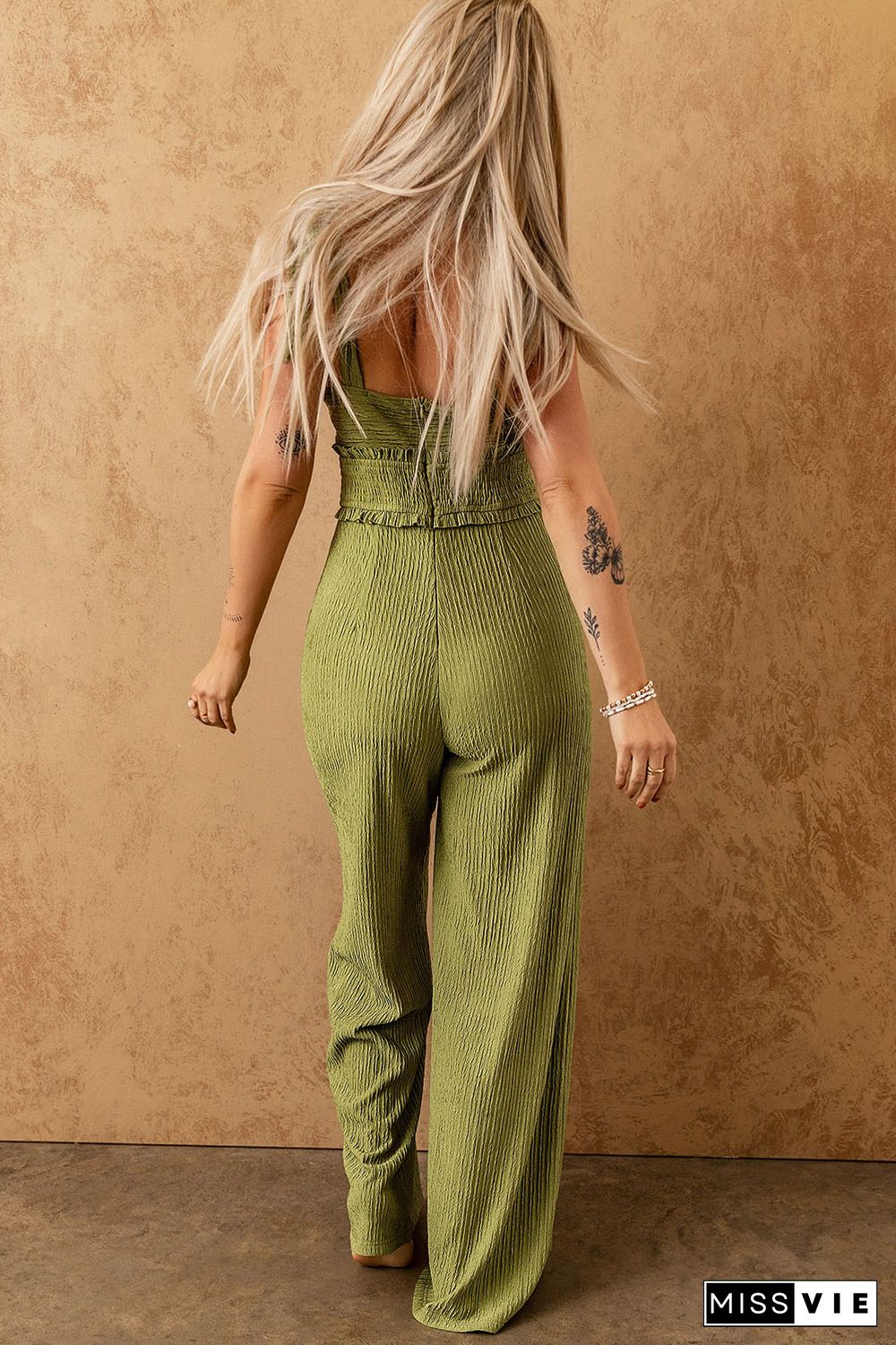 Green Shirred Knotted Front Tied Shoulder Wide Leg Jumpsuit