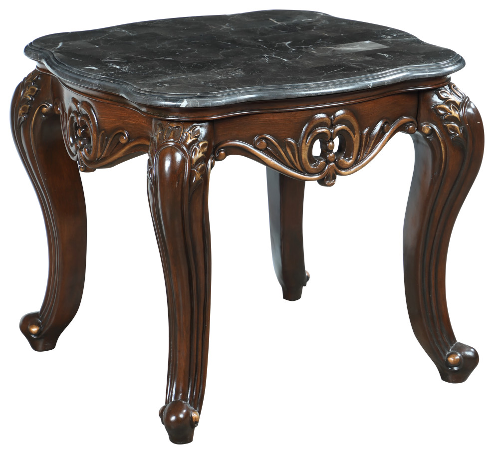 Wooden End Table with Marble Top and Floral Engravings  Brown and Black   Victorian   Side Tables And End Tables   by VirVentures  Houzz