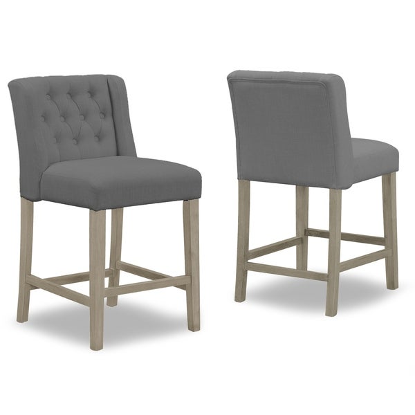 Set of 2 Aled Grey Fabric Counter Stool with Wings and Tufted Buttons