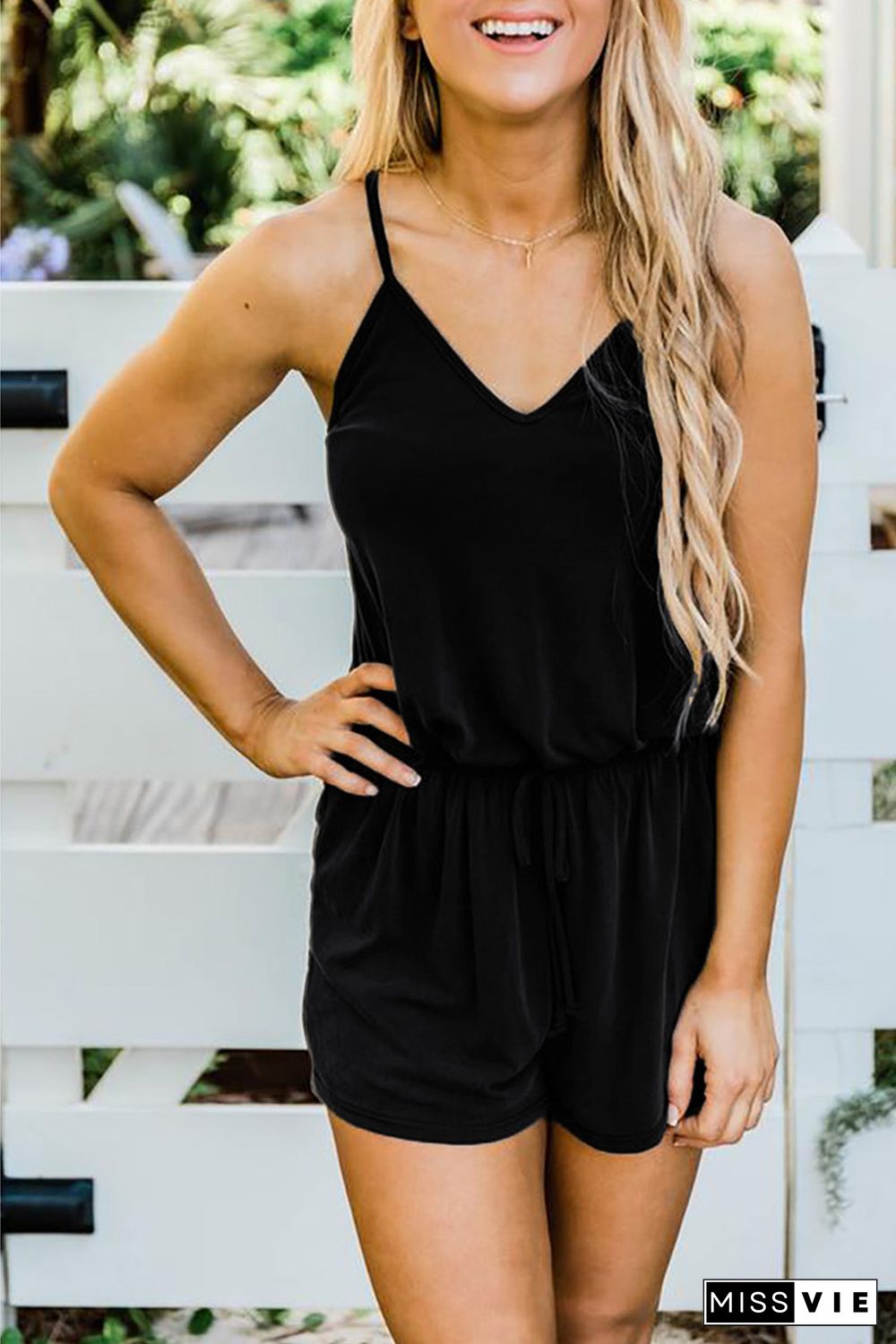 Black Spaghetti Straps V Neck Crisscross Back Romper