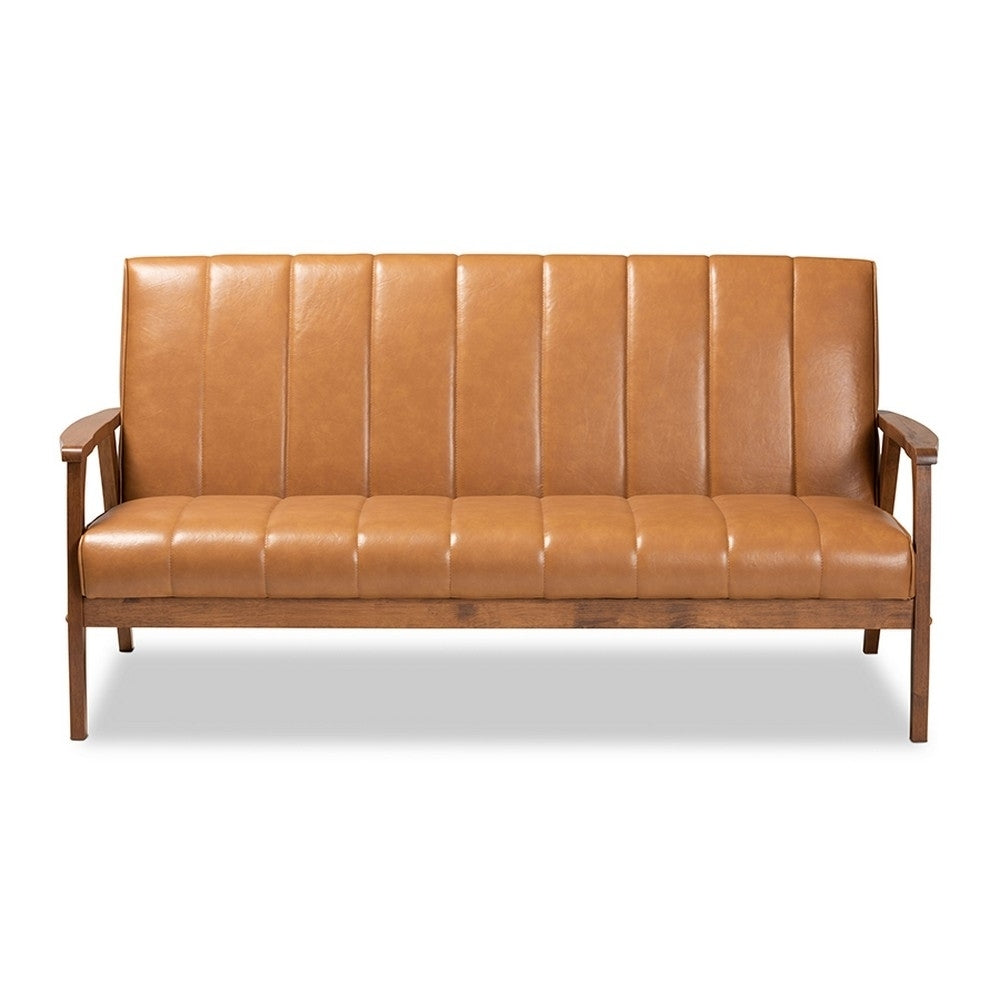 Nikko Mid-century Modern Tan Faux Leather Upholstered and Walnut Brown finished Wood Sofa