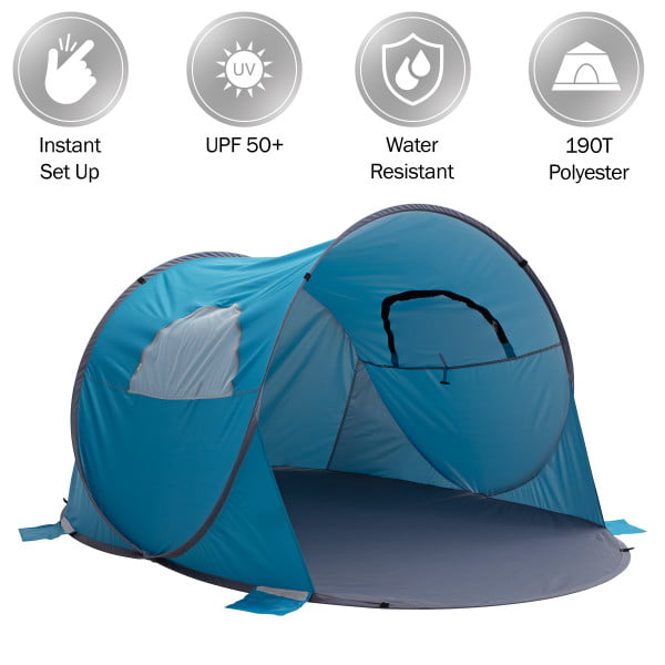 Pop Up Beach Tent with UV Protection and Ventilation Windows – Water and Wind Resistant Sun Shelter for Camping， Fishing， or Play by Wakeman (Blue)