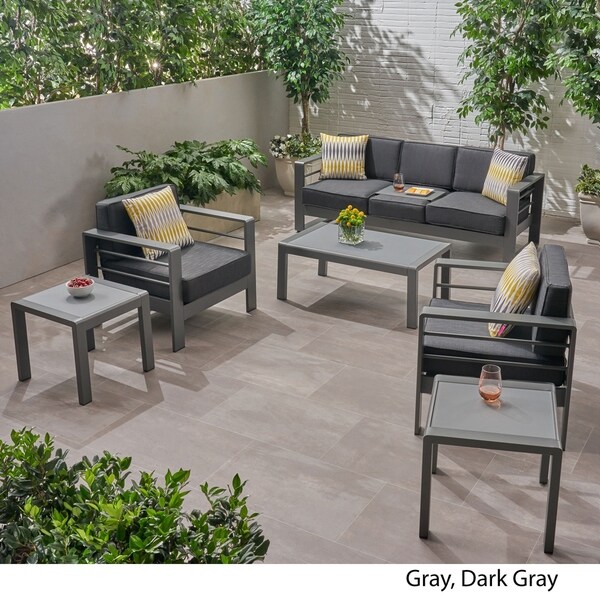 Cape Coral Outdoor 5 Seater Aluminum Sofa Chat Set with 2 Side Tables by Christopher Knight Home