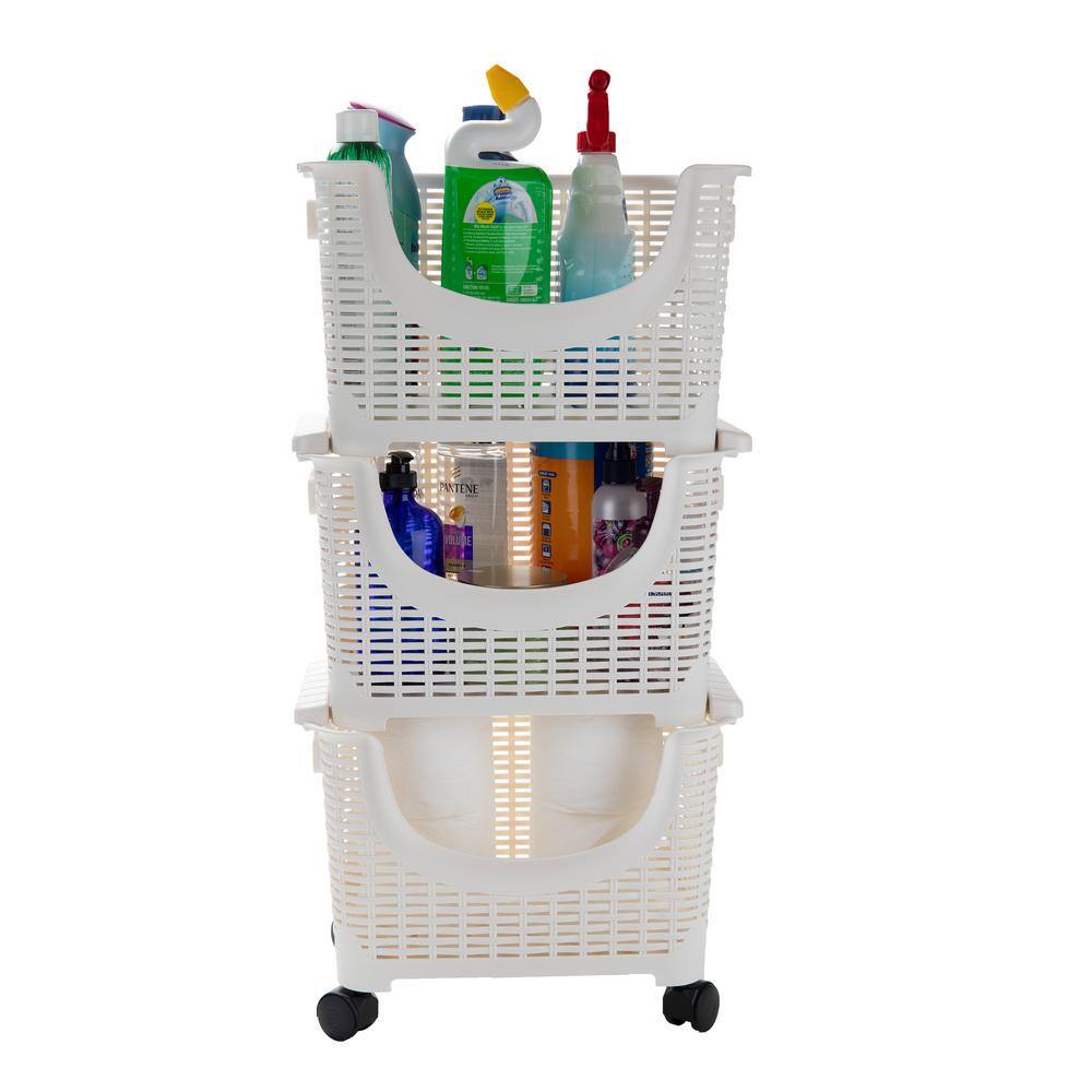 Mind Reader 3-Tier 15 Gal. Stackable Rolling Storage Bins in Ivory ROLLBASK3-IVO