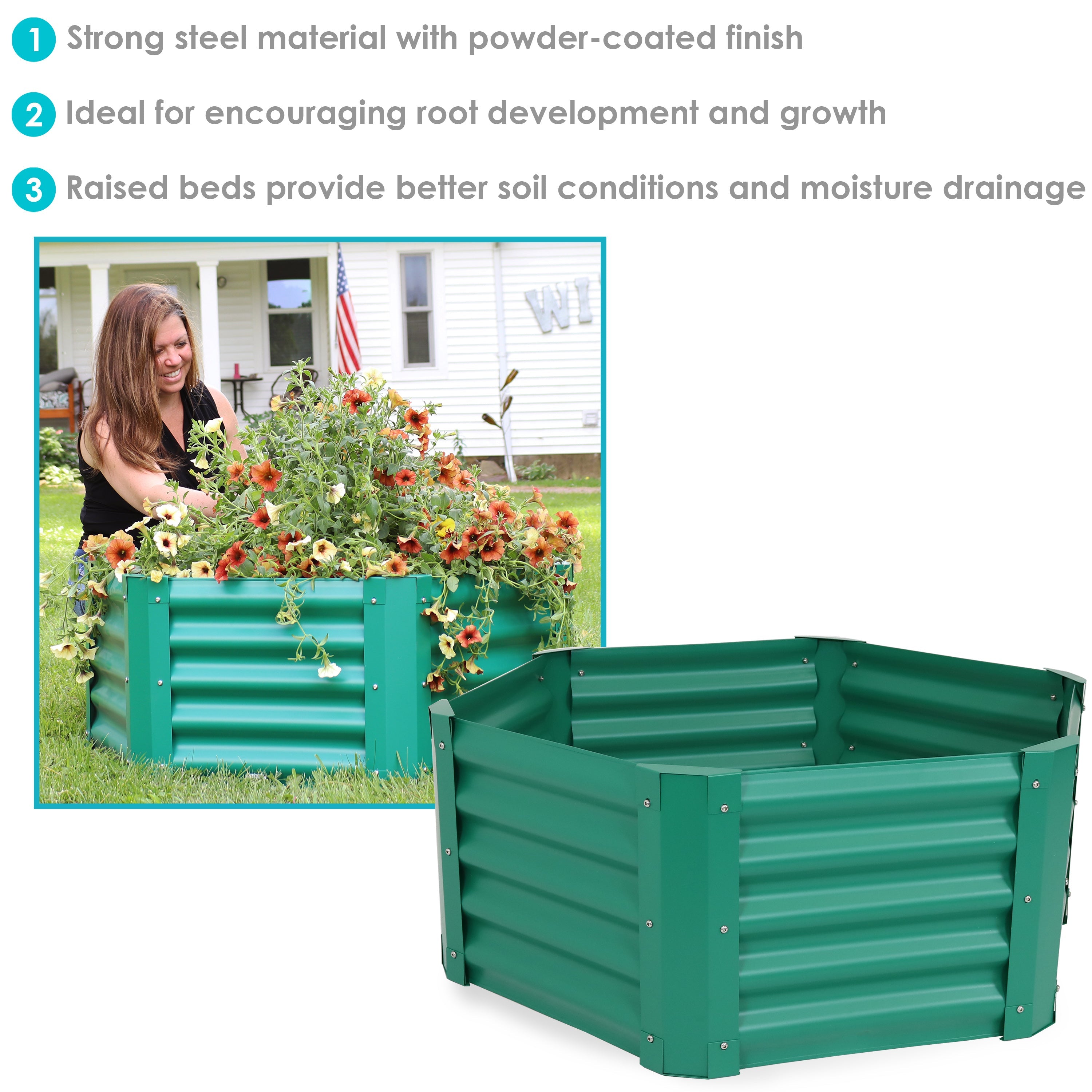 Sunnydaze Raised Powder-Coated Hexagon Steel Garden Bed Kit for Plants, Flowers, Vegetables and Herbs - 41" W x 16" Deep - Green