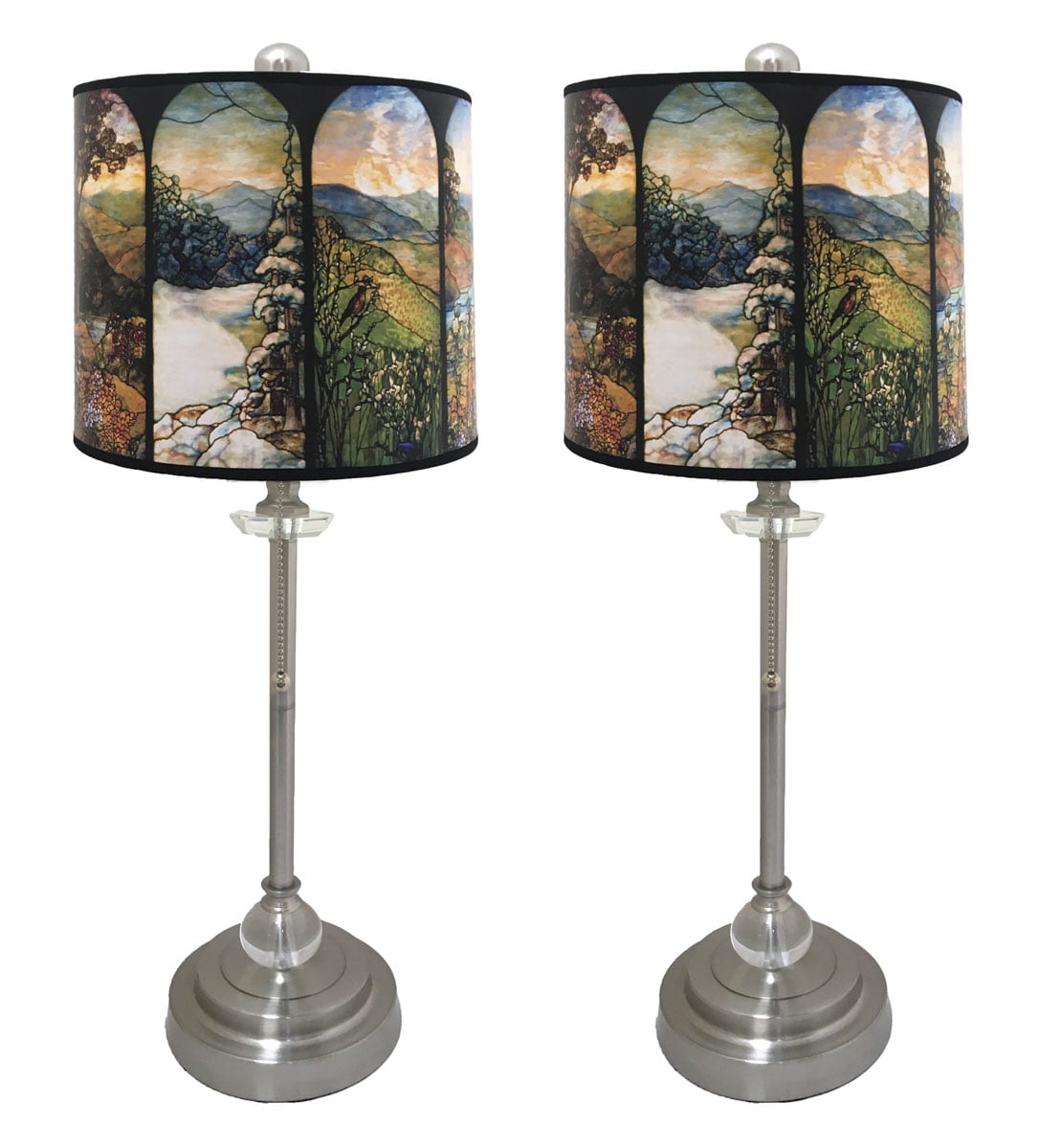 Royal Designs 28" Crystal and Brushed Nickel Buffet Lamp with Four Seasons Stained Glass Design Hard Back Lamp Shade, Set of 2