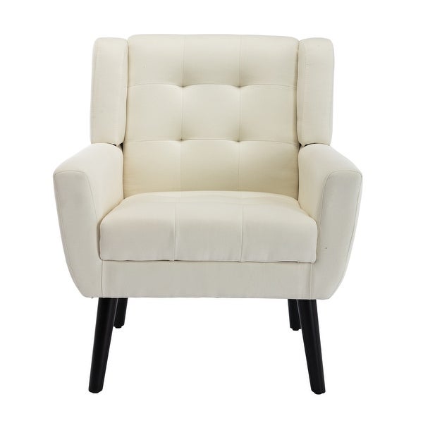 Modern Soft Linen Material Ergonomics Accent Chair With Tufted Back and Seat， Square Arms and Black Tapering Metal Legs