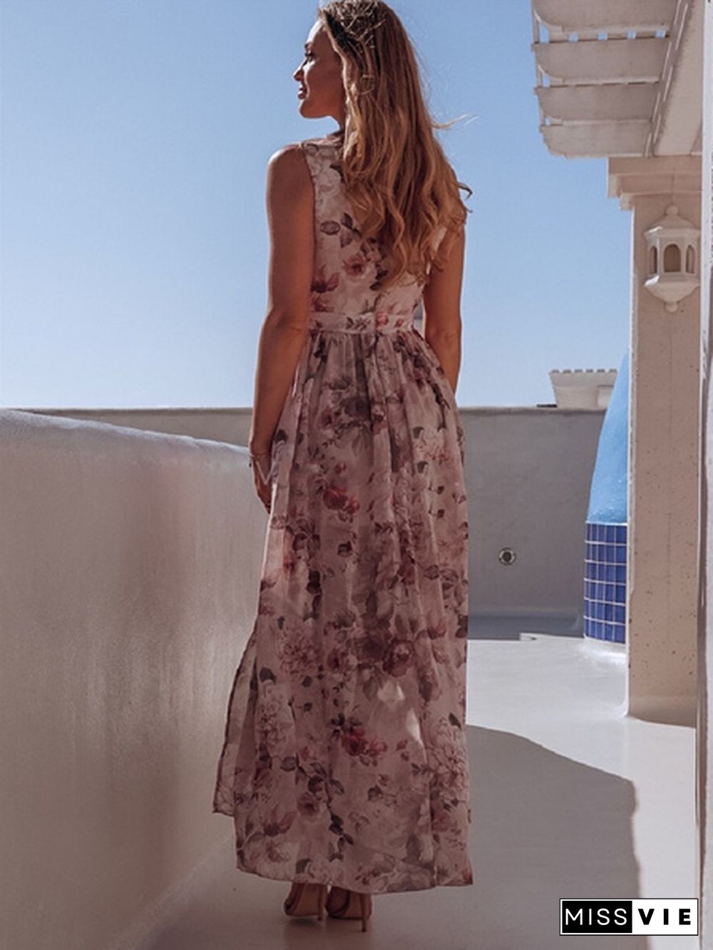 Women Fashion V Neck Sleeveless Floral Long Dress Hem Split Boho Beach Maxi Dresses Plus Size Sundress Vestidos Robes