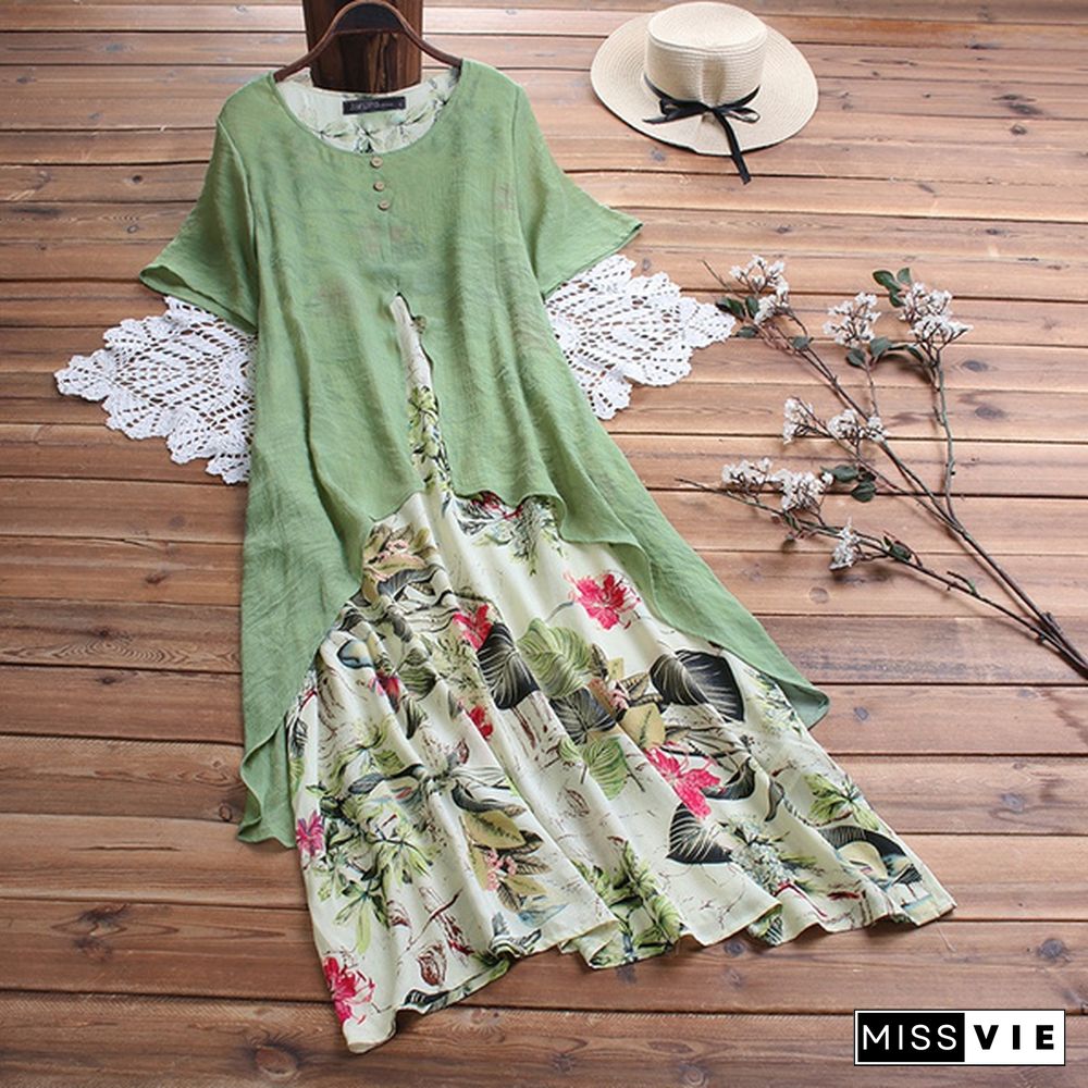 Women's Vintage Round Neck Short Sleeve Floral Print Dress Ladies Long Maxi Dress