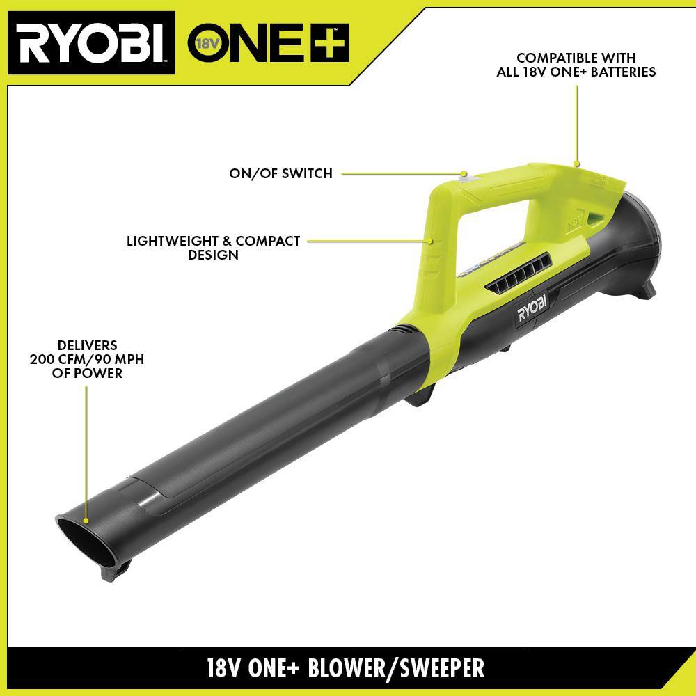 RYOBI ONE+ 18V 90 MPH 200 CFM Cordless Battery Leaf BlowerSweeper with 2.0 Ah Battery and Charger P2190