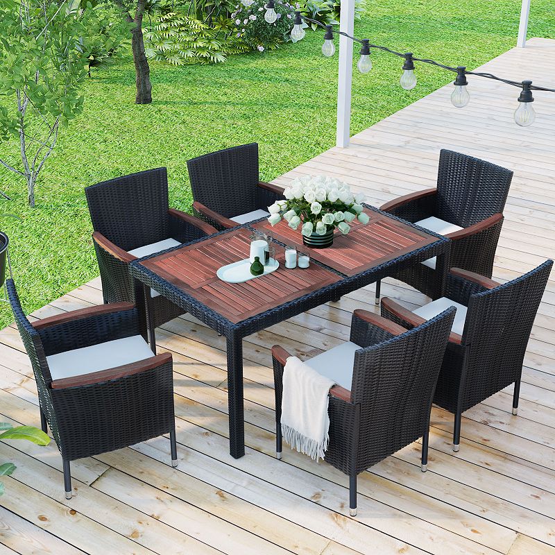 Merax 7-Piece Outdoor Patio Dining Set， Garden PE Rattan Wicker Dining Table and Chairs Set