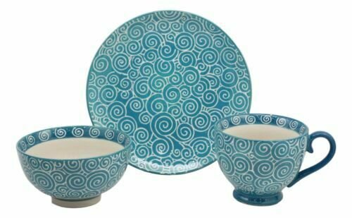 1 Aqua Blue Swirls Contemporary Designer Ceramic Dinnerware Bowl Mug Plate Set EBR02