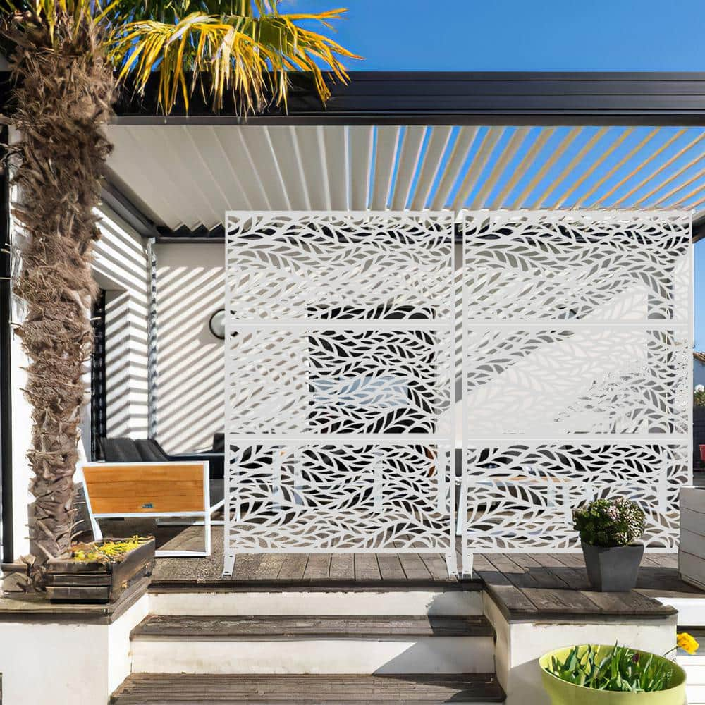 FENCY 76 in. H x 47.2 in. W Galvanized Metal Outdoor Privacy Screens Garden Fence Leaf Pattern in White (3 Pieces in 1 Set) HD-A-GE04005