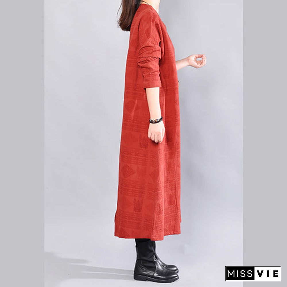 fashion burgundy Midi-length linen dress oversize linen clothing dresses Elegant back side open v neck linen clothing dress