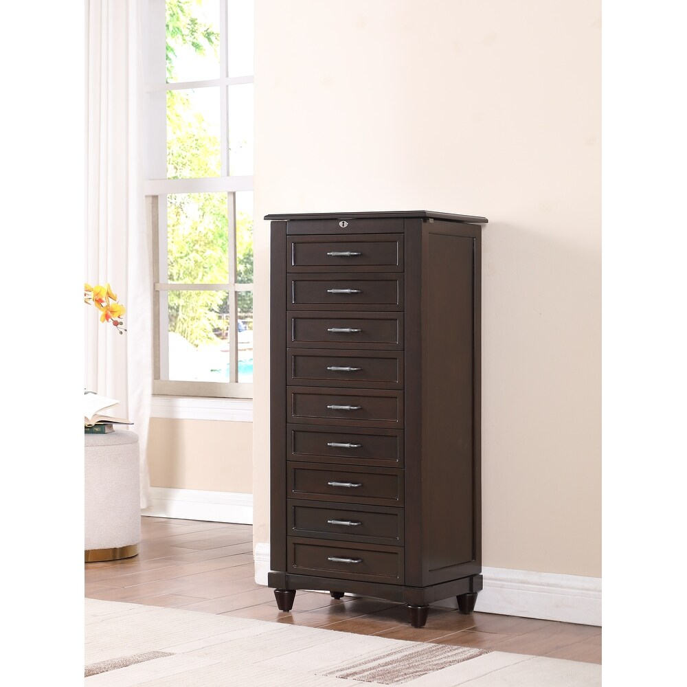 Joseph Espresso Locking Jewelry Armoire with 9 Drawer (42 in. H x 19 in. W x 13 in. D)   19*13*42inch