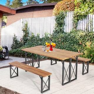 WELLFOR 67 in. L 6-Person Acacia Wood Picnic Table Bench Set with 2 in. Umbrella Hole KC-HGY-55469+