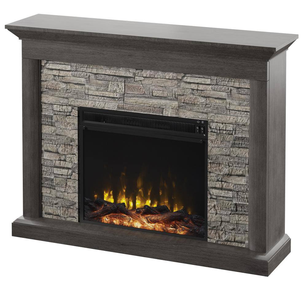 Twin Star Home Rustic 47.38 in. Freestanding Wooden Electric Fireplace with Stacked Stone Look in Weathered Gray 143047