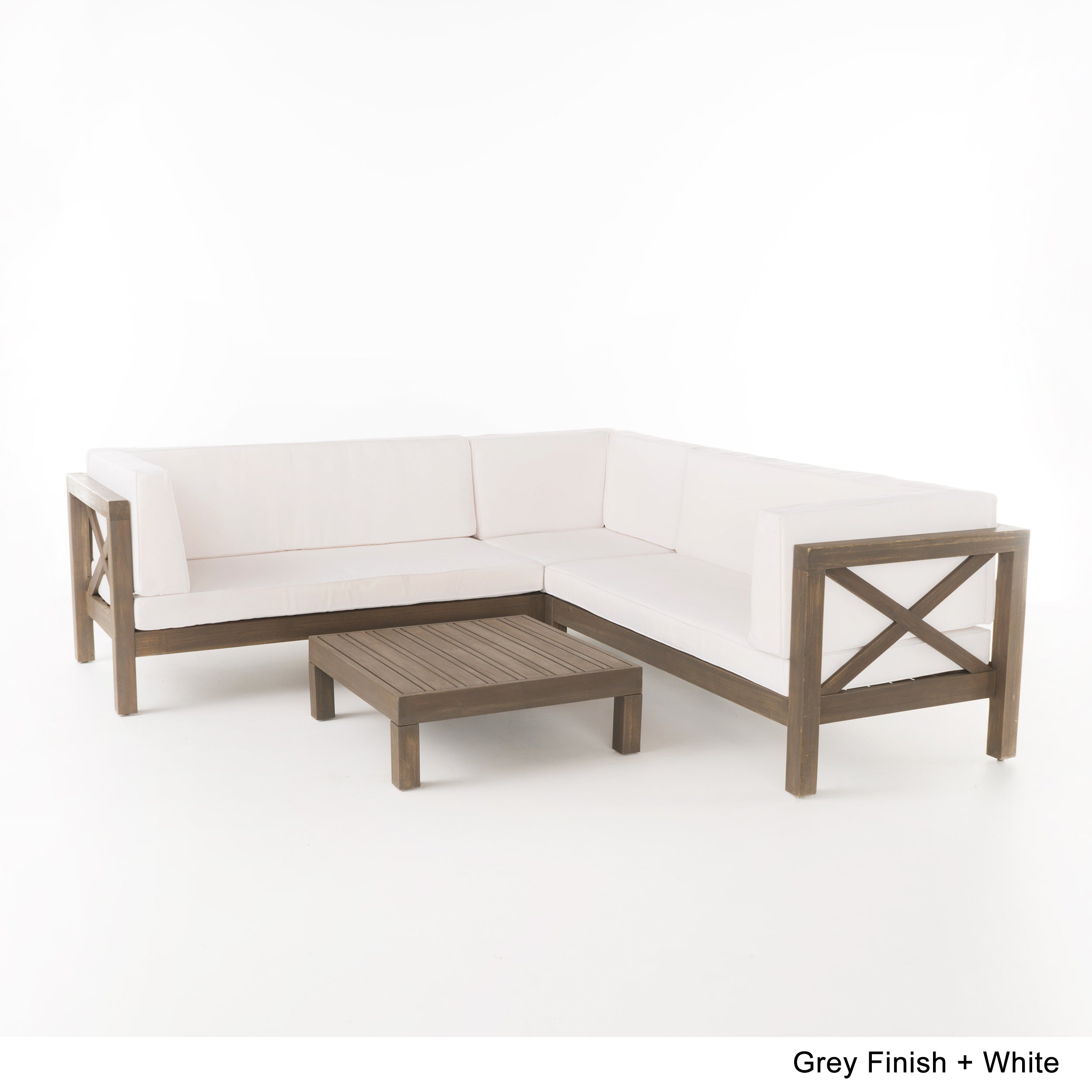 Brava Outdoor 4 Piece V-Shaped Acacia Wood Sectional Sofa and Coffee Table Set