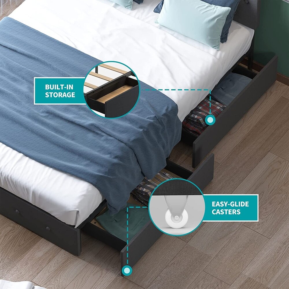 Mixoy Upholstered Platform Bed Frame with 4 Built in Storage Drawers   Adjustable Headboard