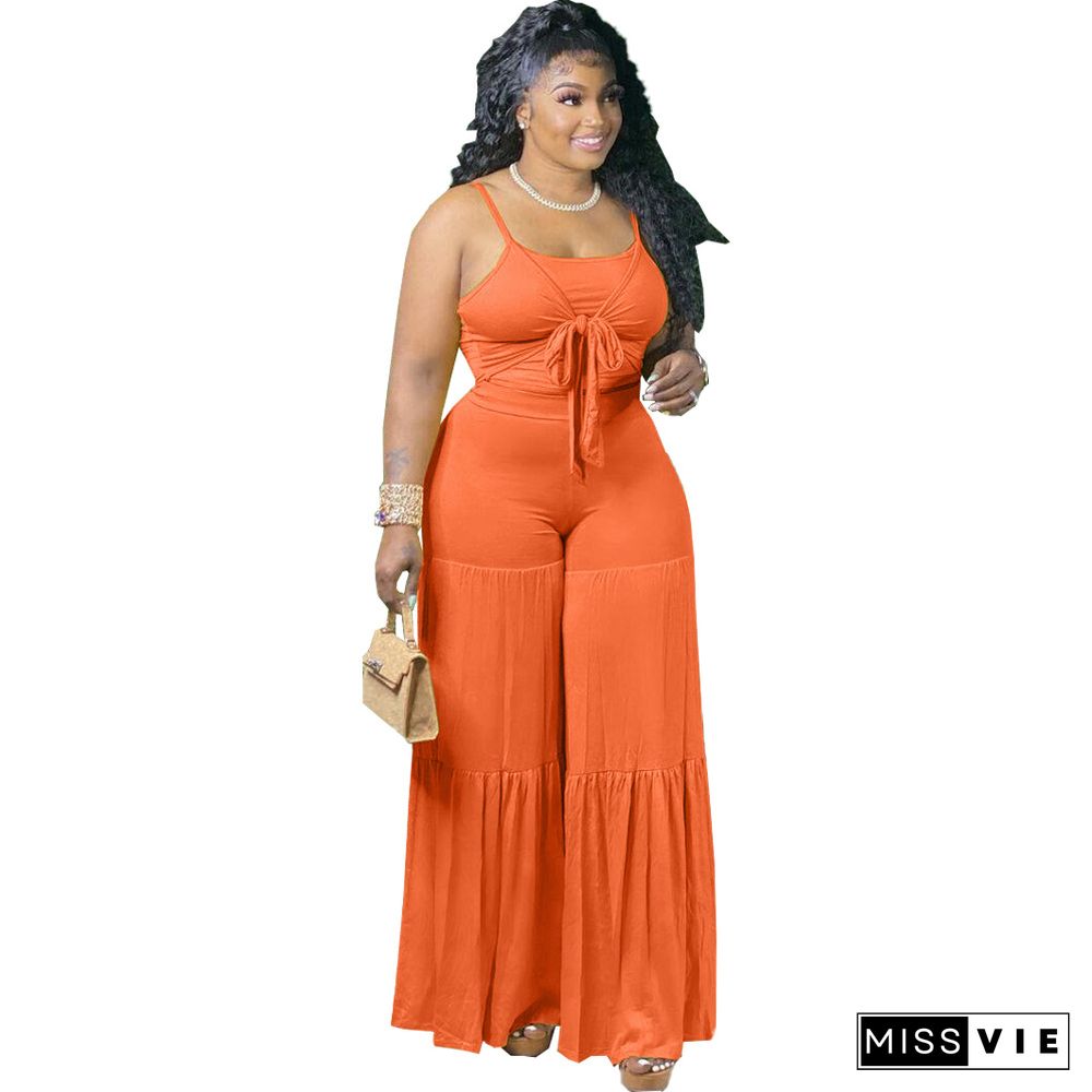 Women Plus Size Solid Color Spaghetti Strap Lace-up Crop Tops Wide Leg Pants Casual Loose 2 Pieces Set