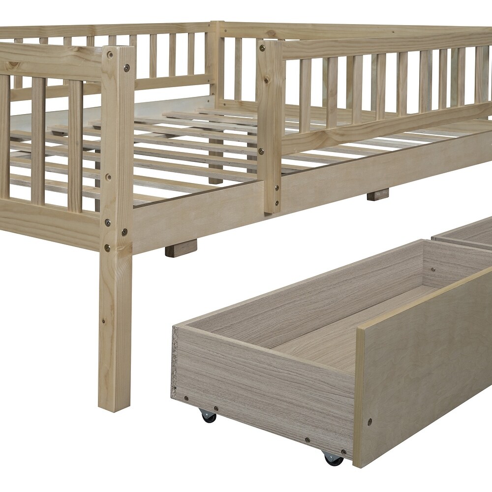 Full Size Daybed Platform Bed Wood Sofa Bed with 2 Storage Drawers and Safey Rail for Kids Bedroom