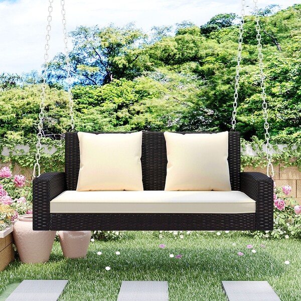 2Person Wicker Porch Swing，Modern Rocking Porch Swing with Chains Cushion Pillow Bench for Garden Backyard