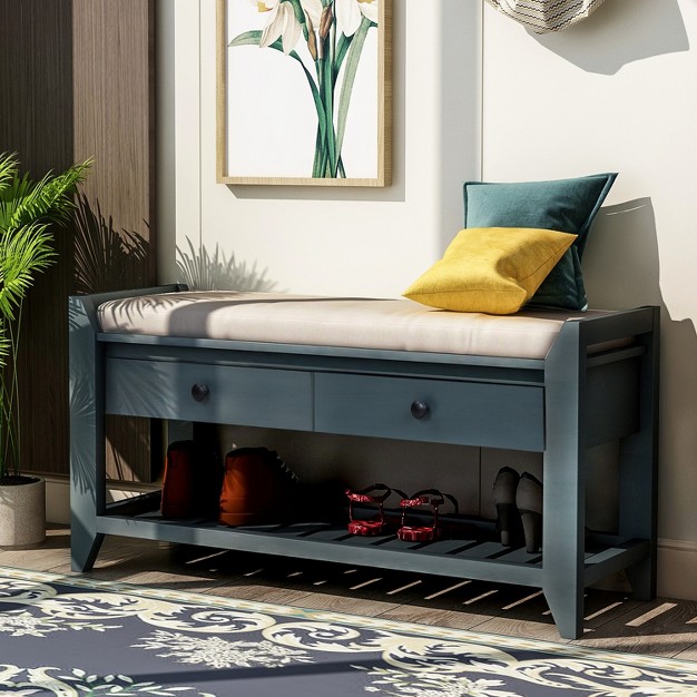 Entryway Storage Bench With Cushioned Seat Shoe Rack And Drawers modernluxe