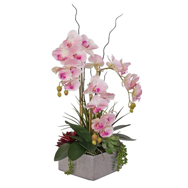 Real Touch Pink Orchid and Succulent Arrangement in Square Silver Pot