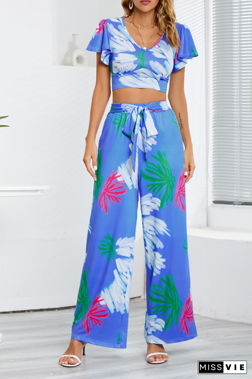 Leaf Print Crop Top and Wide Leg Pants Two Pieces Set