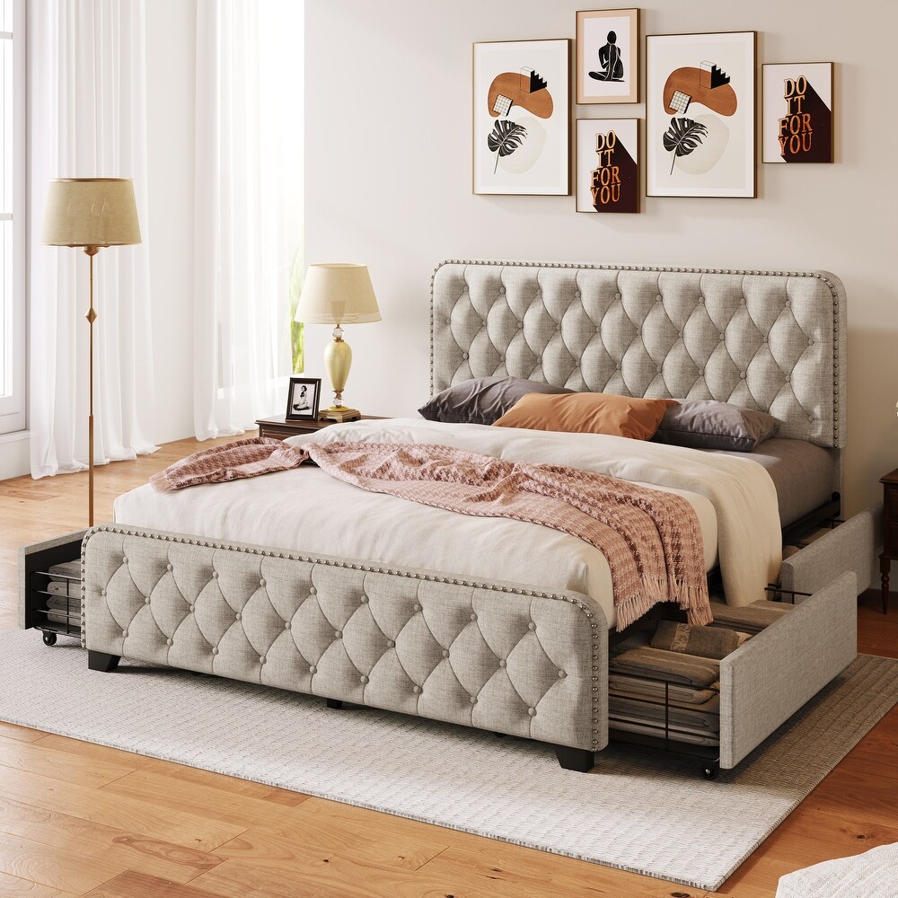 Upholstered Platform Bed Frame with Four Drawers Tufted Headboard and Footboard