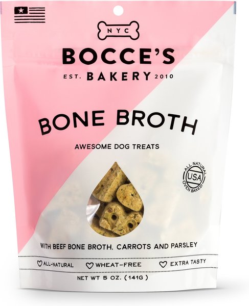 Bocce's Bakery Bone Broth， Carrots and Parsley Dog Treats， 5-oz bag