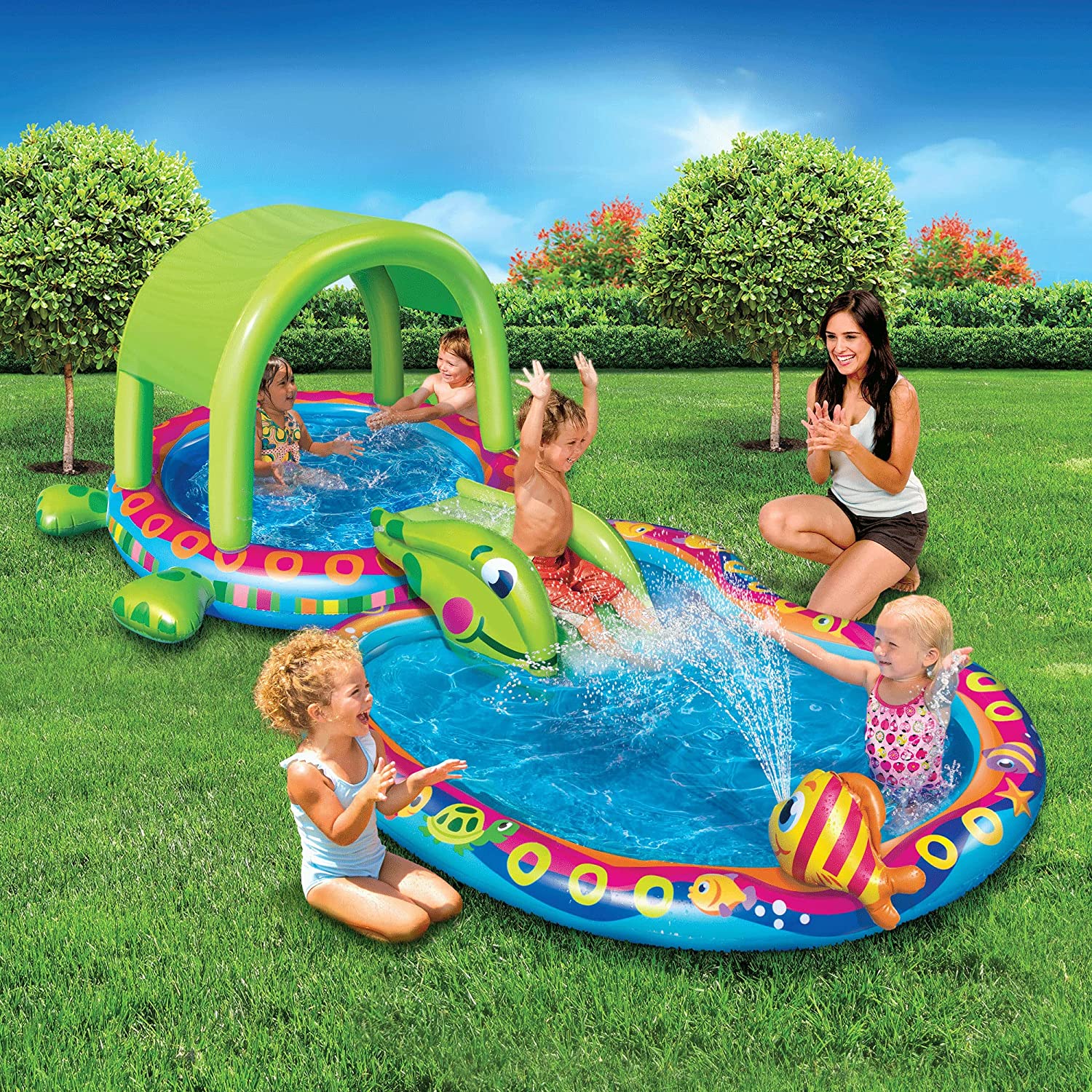 WUGUFD BAN-85319 Shade 'N Slide Turtle Heavy Duty Outdoor Toy Inflatable Kiddie Splash Pool Set with Sprinkler for Children and Kid Backyard Water Fun