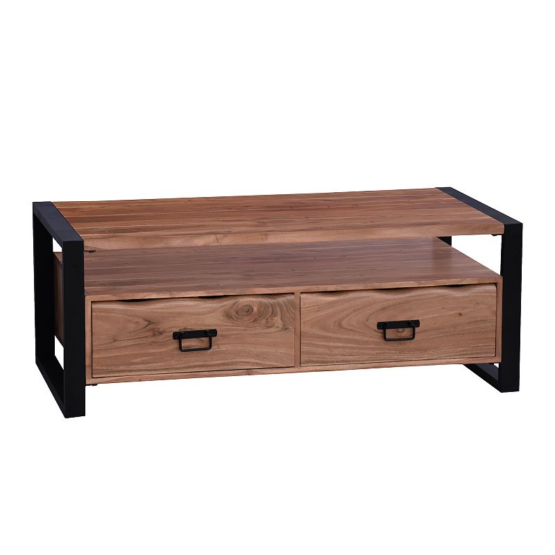 47 Inch Handcrafted Coffee Table with Live Edge Detailing， 2 Drawers， Open Center Compartment， Black Iron Frame， Brown Acacia Wood