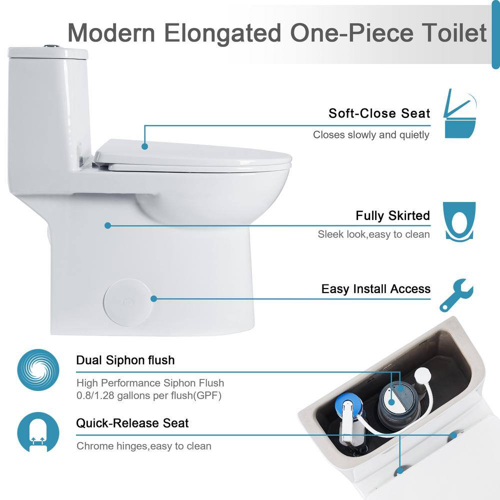 Hanikes One-Piece 1.11.6 GPF Dual Flush Elongated Toilet in White Seat Included WaterSense Toilet AR134E