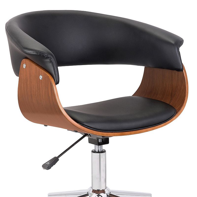 Curved Faux Leather Office Chair with Wooden Support and Star base， Black