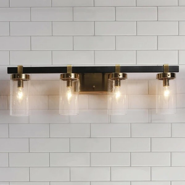 Modern 4-Light Gold and Black Bathroom Vanity Lighting with Clear Glass Shades - 28