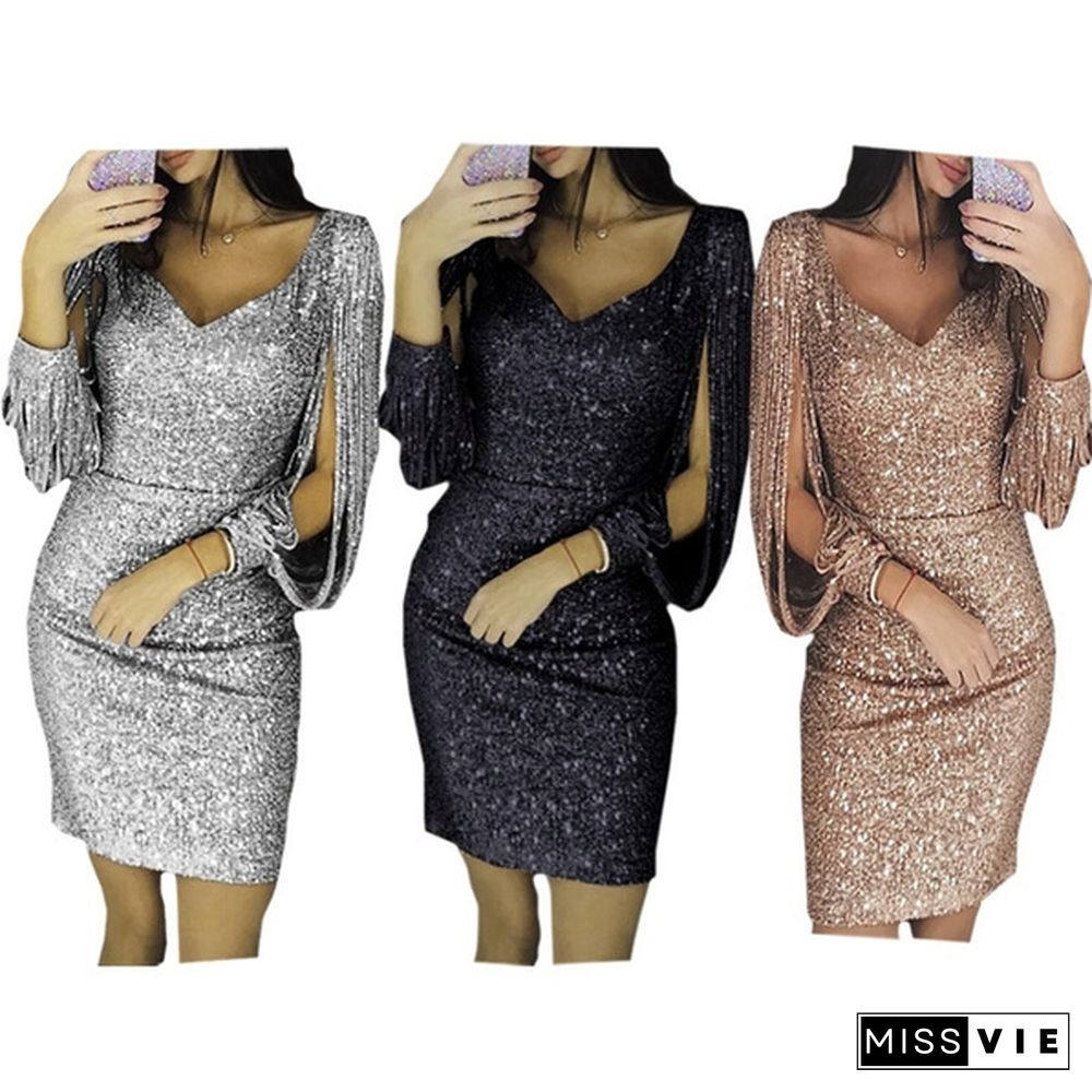 3 Color Xs-8Xl Super Sexy Ladies Vogue Tassels Detail Slit Sleeve Sequin Party Dress Female Nightclub Midi Dresses