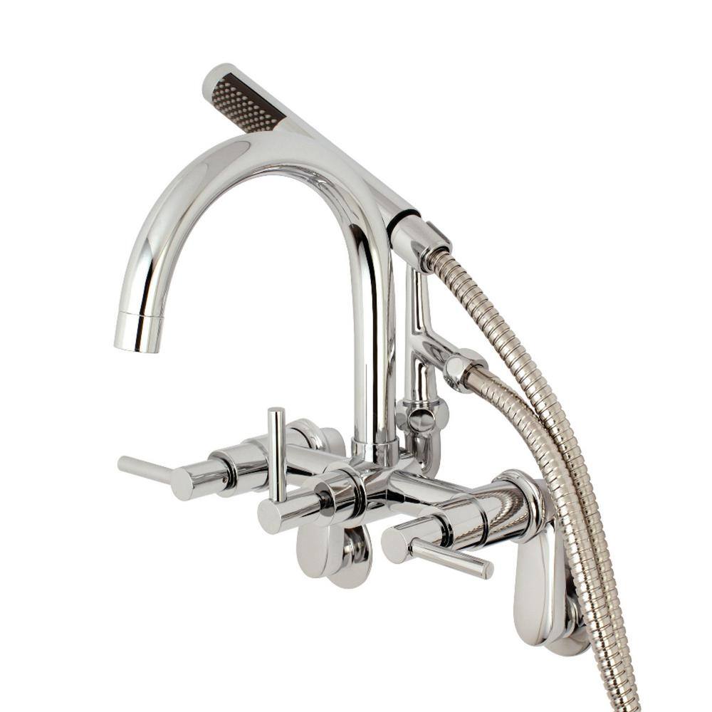 Kingston Brass Modern Gooseneck 3-Handle Wall Mount Claw Foot Tub Faucet with Handshower in Chrome HAE8151DL