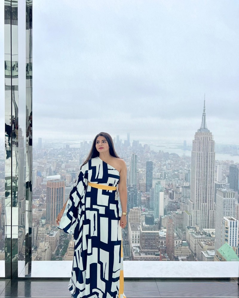 One Shoulder Navy Blue Geometric Print Maxi Dress