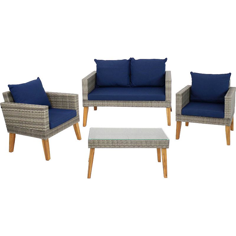 Sunnydaze Clifdon Rattan and Acacia 4-Piece Patio Conversation Set - Blue