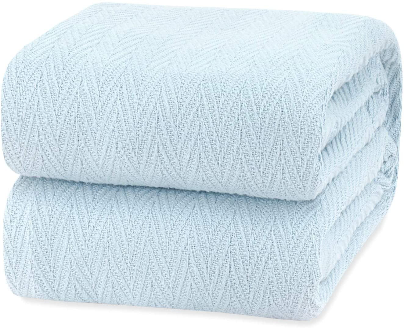 Luxury Thermal Cotton Blankets， King Size- Light Blue