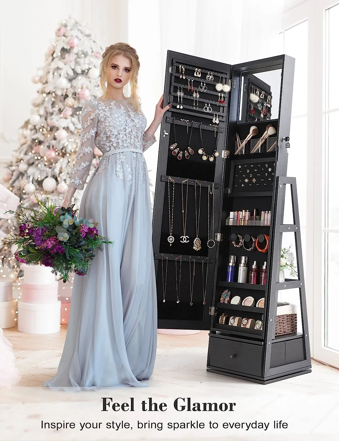 ⭐️360° Swivel Jewelry Cabinet with Lights - 🌟Touch Screen Vanity Mirror 🌟